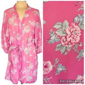 Flora Nikrooz Semi Sheer Chiffon Short Robe Pink Floral Print Tie Belt MEDIUM